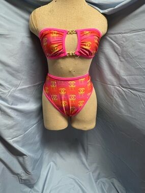 Hot Pink Tropical Logo Bandeau Bikini Set